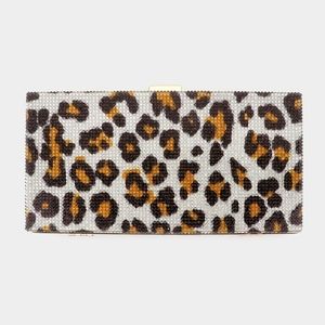 Brown Leopard Print Animal Patterned Crossbody Bling Rectangle Clutch Purse